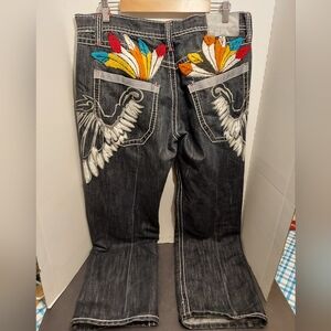 Imperious Delf Trading Black Embroidered Jeans Goth Skate Baggy Wings 38x34 Edgy